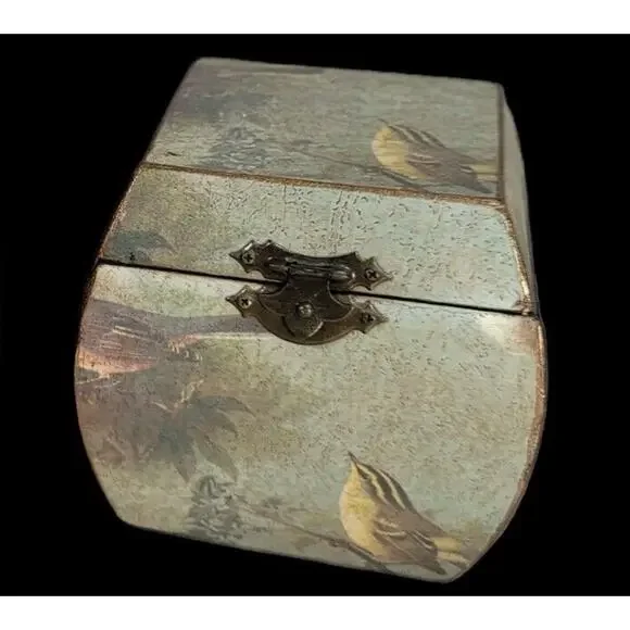Vintage Wood Trinket Box Song Bird Print Distressed Dresser Keepsake Hinged Lid - Picture 9 of 9